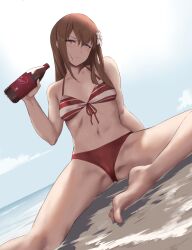 Rule 34 | 1girl, bare shoulders, barefoot, bikini, blue eyes, blue sky, blush, bottle, breasts, brown hair, cameltoe, closed mouth, collarbone, commission, day, den (kur0 yuki), dr pepper, dutch angle, flower, front-tie bikini top, front-tie top, hair flower, hair ornament, highres, holding, holding bottle, long hair, looking at viewer, makise kurisu, navel, on ground, outdoors, pixiv commission, red bikini, red ribbon, ribbon, sitting, sky, small breasts, solo, steins;gate, stomach, swimsuit, water, white flower
