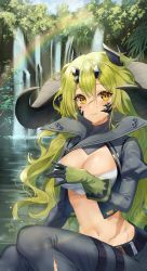 Rule 34 | 1girl, absurdres, arknights, bandeau, blonde hair, breasts, cleavage, commentary request, estelle (arknights), gloves, green gloves, grey jacket, grey pants, hair between eyes, highres, horns, jacket, juliet sleeves, large breasts, long hair, long sleeves, looking at viewer, midriff, navel, open clothes, open jacket, outdoors, pants, pingji!, puffy sleeves, rainbow, scar, scar on face, scar on nose, smile, solo, stomach, thigh strap, thighs, very long hair, water, waterfall, yellow eyes