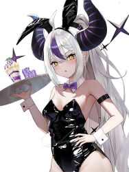 Rule 34 | 1girl, absurdres, ahoge, alternate costume, animal ears, black leotard, blush, braid, breasts, collar, demon horns, detached collar, fake animal ears, grey hair, hand on own hip, highres, holding, holding plate, hololive, horns, kuzi ikz, la+ darknesss, leotard, long hair, looking at viewer, multicolored hair, open mouth, plate, playboy bunny, pointy ears, ponytail, purple hair, rabbit ears, single braid, small breasts, strapless, strapless leotard, streaked hair, very long hair, virtual youtuber, white background, white collar, white wrist cuffs, wrist cuffs, yellow eyes