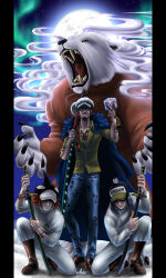 Rule 34 | 3boys, absurdres, animal, arm tattoo, bear, bepo, bodysuit, character name, chest tattoo, claws, closed mouth, commentary, covered eyes, denim, earrings, english commentary, facial hair, full body, full moon, fur hat, goatee, grin, hat, hat over eyes, heart, highres, holding, holding heart, holding sword, holding weapon, jeans, jewelry, jumpsuit, male focus, medium hair, mitsisartwork, moon, multiple boys, night, night sky, one piece, open mouth, orange hair, orange jumpsuit, orca hair ornament, outdoors, overalls, pants, penguin (one piece), penguin hat, shachi (one piece), sharp teeth, short hair, sideburns, signature, sky, smile, sulong form, sword, tattoo, teeth, trafalgar law, weapon, white overalls