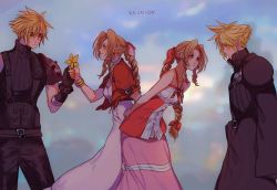 Rule 34 | 1boy, 1girl, aerith gainsborough, arm guards, armor, bare arms, belt, blonde hair, blue eyes, blue shirt, blush, bracelet, breasts, brown hair, choker, cloud, cloud strife, cloudy sky, cropped jacket, curly hair, dress, final fantasy, final fantasy vii, final fantasy vii remake, flower, gloves, green eyes, hair ribbon, halterneck, high collar, holding, holding flower, jacket, jewelry, kingdom hearts, kingdom hearts ii, leaning forward, long dress, long hair, necklace, open collar, parted bangs, pink dress, pink ribbon, red jacket, red ribbon, ribbon, sera (serappi), shirt, shoulder armor, sidelocks, sky, sleeveless, sleeveless turtleneck, spiked hair, square enix, suspenders, turtleneck, yellow flower