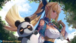 Rule 34 | 1girl, absurdres, blonde hair, breasts, character name, cloud, cloudy sky, dark-skinned female, dark skin, gawuiiiaguiii, gloves, hair ribbon, high ponytail, highres, hololive, large breasts, long hair, looking at viewer, orange eyes, outdoors, pointy ears, ponytail, profile, ribbon, shiranui flare, shiranui flare (old design), sky, smile, solo, tree, upper body, virtual youtuber