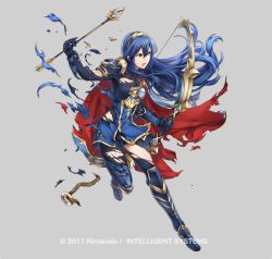 Rule 34 | 1girl, blue eyes, blue hair, bow (weapon), breasts, cape, fire emblem, fire emblem awakening, fire emblem heroes, full body, gloves, injury, intelligent systems, jewelry, long hair, lucina (fire emblem), matching hair/eyes, nintendo, no panties, official art, one eye closed, ryona, simple background, solo, tiara, torn clothes, weapon, yamada koutarou