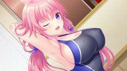 Rule 34 | 1girl, akino subaru, armpits, arms behind head, arms up, bare shoulders, blush, breasts, cleavage, competition swimsuit, covered erect nipples, female focus, game cg, indoors, large breasts, long hair, looking at viewer, mizuki (onii-chan chou suki 99 jikan ecchi shiyo!), one-piece swimsuit, one eye closed, onii-chan chou suki 99 jikan ecchi shiyo!, open mouth, original, pink hair, purple eyes, smile, solo, swimsuit, twintails, upper body, wink