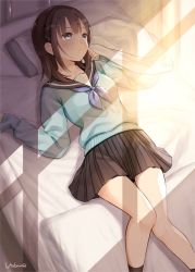 Rule 34 | 1girl, ankle socks, artist name, bad id, bad pixiv id, bed sheet, black sailor collar, black skirt, black socks, blue eyes, blue neckerchief, blue sweater, brown hair, commentary request, curtains, feet out of frame, from above, hair between eyes, hair ornament, knees together feet apart, legs together, light frown, looking to the side, lying, medium hair, neckerchief, on back, on bed, original, pillow, pleated skirt, sailor collar, school uniform, serafuku, sheet grab, skirt, sleeves past wrists, socks, solo, sunlight, sweater, utaka (anyoanyot), x hair ornament