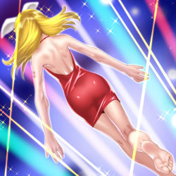 Rule 34 | 1girl, alternate costume, arms at sides, ass, back, backless dress, backless outfit, barefoot, blonde hair, dress, feet, from behind, hair ribbon, halter dress, halterneck, highres, kagamine rin, kneepits, number tattoo, ribbon, short hair, soles, solo, soon (c-u-soon), sparkle, standing, standing on one leg, tattoo, toes, vocaloid