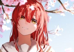 Rule 34 | 1girl, 3 sai, absurdres, blue sky, bocchi the rock!, cherry blossoms, highres, kita ikuyo, long hair, looking at viewer, red hair, school uniform, sky, smile, yellow eyes