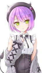 Rule 34 | 1girl, :o, beret, black hat, black skirt, blouse, blush, breasts, collared shirt, commentary request, demon tail, dress shirt, ear piercing, earrings, fake horns, flipper, green eyes, grey jacket, hair between eyes, hair ornament, hairclip, hand up, hat, highres, hololive, horned headwear, horns, jacket, jewelry, long sleeves, looking at viewer, off shoulder, open clothes, open jacket, parted lips, piercing, pleated skirt, puffy long sleeves, puffy sleeves, purple hair, shirt, simple background, skirt, sleeveless, sleeveless shirt, small breasts, solo, suspender skirt, suspenders, tail, tokoyami towa, virtual youtuber, white background, white shirt, x hair ornament