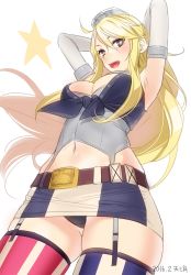Rule 34 | 10s, 1girl, 2016, ama mitsuki, asymmetrical legwear, belt, belt buckle, blonde hair, blue eyes, breasts, buckle, dated, elbow gloves, front-tie top, garter straps, gloves, headgear, iowa (kancolle), kantai collection, large breasts, long hair, miniskirt, mismatched legwear, navel, open mouth, panties, pantyshot, skirt, smile, solo, star-shaped pupils, star (symbol), striped clothes, striped skirt, striped thighhighs, symbol-shaped pupils, thighhighs, underwear, vertical-striped clothes, vertical-striped skirt, vertical-striped thighhighs