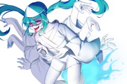 Rule 34 | 1girl, aqua hair, colored sclera, colored skin, ghost, grey sclera, hatsune miku, highres, japanese clothes, kimono, long hair, looking at viewer, low twintails, multiple hands, obake no ukenerai (vocaloid), obi, open mouth, pink eyes, right-over-left kimono, sash, shiroshouzoku, skirt, solo, tentecomai, tongue, triangular headpiece, twintails, very long hair, vocaloid, white kimono, white skirt