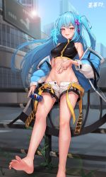 Rule 34 | 1girl, :d, absurdres, bare legs, bare shoulders, barefoot, blue hair, blue jacket, breasts, can, city, commission, copyright request, crop top, day, fang, feet, foot out of frame, hair ornament, highres, holding, holding can, jacket, legs, long hair, long sleeves, looking at viewer, medium breasts, navel, open clothes, open jacket, open mouth, outdoors, pepsi, pink eyes, plant, popura, sbbs, see-through, short shorts, shorts, skin fang, smile, soles, solo, spread navel, standing, standing on one leg, stomach, toes, two side up, very long hair, wet, white shorts