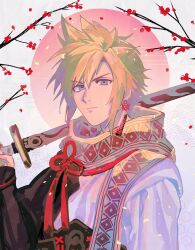 Rule 34 | 1boy, blonde hair, blue eyes, cherry blossoms, cloud strife, cloud strife (official festive garb), earrings, final fantasy, final fantasy vii, final fantasy vii ever crisis, hand up, highres, holding, holding sword, holding weapon, japanese clothes, jewelry, katana, keiseki1, kimono, male focus, multicolored clothes, multicolored kimono, over shoulder, red tassel, scarf, seigaiha, serious, short hair, solo, spiked hair, sword, sword over shoulder, tassel, tassel earrings, upper body, weapon, weapon over shoulder