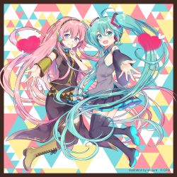 Rule 34 | 2girls, :d, aqua eyes, aqua hair, bare shoulders, belt, blue eyes, blush, breasts, cross-laced footwear, finger to mouth, hair ornament, hatsune miku, headphones, heart, highres, legs up, light blush, long hair, looking at viewer, medium breasts, megurine luka, midair, multiple girls, open mouth, outstretced arm, pink hair, reaching, reaching towards viewer, shoulder tattoo, sideboob, skirt, small breasts, smile, tattoo, thighhighs, twintails, very long hair, vocaloid, wogura