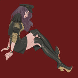 Rule 34 | 1girl, black dress, black footwear, black hat, boots, breasts, brown hair, closed mouth, commentary, crossed legs, dorothea arnault, dress, english commentary, fire emblem, fire emblem: three houses, from side, full body, garreg mach monastery uniform, green eyes, hat, high heel boots, high heels, huangdanlan, invisible chair, jewelry, lips, long hair, long sleeves, looking at viewer, nintendo, puffy long sleeves, puffy sleeves, red background, red lips, ring, shoe soles, short dress, simple background, sitting, smile, solo, thigh boots, thighhighs, uniform
