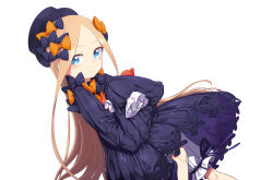 Rule 34 | 1girl, abigail williams (fate), absurdres, black bow, black dress, black hat, blonde hair, bloomers, blue eyes, blush, bow, breasts, daisi gi, dress, fate/grand order, fate (series), forehead, hair bow, hat, highres, long hair, long sleeves, looking at viewer, multiple hair bows, orange bow, parted bangs, polka dot, polka dot bow, ribbed dress, sleeves past fingers, sleeves past wrists, small breasts, solo, stuffed animal, stuffed toy, teddy bear, underwear, white bloomers
