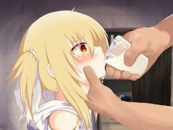Rule 34 | 1boy, 1girl, asphyxiation, blonde hair, blush, choking, cum, cum in container, cum in cup, cum in mouth, cup, drink, drinking, drinking glass, feeding, forced, game cg, gokkun, grabbing another&#039;s chin, hammer head, highres, holding, holding cup, magical girl, makabe gorou, milk, pouring, tears, twintails, yellow eyes