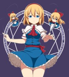 Rule 34 | &gt;:(, 1girl, alice margatroid, apron, ascot, black eyes, blonde hair, blue dress, blue eyes, bow, breasts, capelet, closed mouth, clothes lift, cowboy shot, doll, dress, dress lift, english text, enushi (toho193), frilled dress, frills, frown, hair between eyes, hair bow, hairband, highres, holding, holding weapon, jewelry, lance, long hair, looking at viewer, magic circle, medium breasts, polearm, puppet rings, puppet strings, purple background, red ascot, red bow, red hairband, ring, sash, shanghai doll, short hair, short sleeves, sidelocks, string, thighs, touhou, v-shaped eyebrows, waist apron, weapon, white apron, wind, wind lift