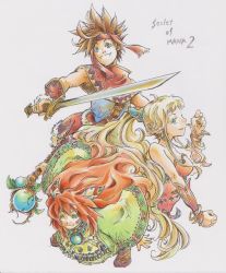 Rule 34 | 1girl, 2boys, androgynous, bare shoulders, blonde hair, blue eyes, brown hair, capelet, facepaint, feather hair ornament, feathers, green eyes, hair ornament, headband, kui (morikui), long hair, marker (medium), multiple boys, pointy ears, ponytail, popoi (seiken densetsu 2), primm (seiken densetsu 2), randi (seiken densetsu 2), red hair, seiken densetsu, seiken densetsu 2, smile, spiked hair, staff, sword, traditional media, tunic, vambraces, weapon