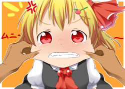 Rule 34 | 1girl, anger vein, ascot, black dress, blonde hair, blush, cheek pull, clenched teeth, commentary request, dress, hair ornament, hair ribbon, hairpin, looking at viewer, makuran, pov, pov hands, red eyes, ribbon, rumia, shirt, tears, teeth, touhou, upper body