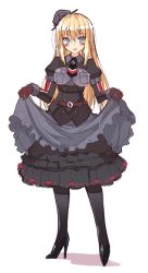 Rule 34 | 1girl, adapted costume, ascot, bismarck (kancolle), black pantyhose, blonde hair, blue eyes, blush, brown gloves, clothes lift, cross, dress, dress lift, frills, full body, gloves, grey dress, hat, high heels, iron cross, kantai collection, long hair, long sleeves, military, military uniform, mini hat, ohta yuichi, open mouth, pantyhose, peaked cap, puffy long sleeves, puffy sleeves, solo, uniform