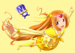 Rule 34 | 10s, 1girl, boots, bow, brooch, bubble skirt, chikuyama, circlet, cure muse, cure muse (yellow), dodory, dress, earrings, eyelashes, frills, full body, hair ribbon, heart, jewelry, knee boots, long hair, magical girl, orange hair, orange skirt, outstretched arms, precure, red eyes, ribbon, shirabe ako, skirt, smile, spread arms, suite precure, yellow background, yellow bow, yellow theme
