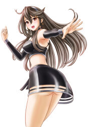 Rule 34 | 1girl, alternate costume, ass, black bra, black hair, black skirt, bra, brown eyes, commentary request, cowboy shot, detached sleeves, hair ornament, hairband, hairclip, haruna (kancolle), highres, kantai collection, looking at viewer, looking back, midriff, race queen, simple background, skirt, skypixter, solo, underwear, white background, white hairband