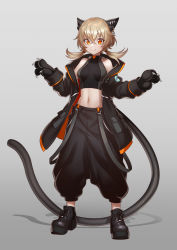 Rule 34 | :3, absurdres, animal ears, animal hands, baggy pants, bare shoulders, black cat, blonde hair, cat, cat ears, cat girl, cat paws, cat tail, claws, commentary request, earrings, gradient background, grey background, highres, jacket, jewelry, looking at viewer, midriff, off shoulder, open clothes, open jacket, orange eyes, original, pants, platform footwear, sarukichi, shadow, short twintails, simple background, skin tight, slit pupils, solo, standing, suspenders, tachi-e, tail, twintails