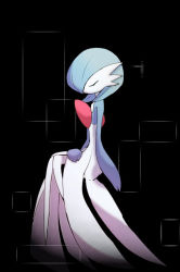 Rule 34 | 1girl, alternate color, arm at side, black background, blue hair, blue skin, bob cut, closed eyes, colored skin, creatures (company), female focus, flat chest, full body, game freak, gardevoir, gen 3 pokemon, hair over one eye, hand on own thigh, invisible chair, knees together feet apart, multicolored skin, nintendo, one eye covered, pokemon, pokemon (creature), ronen, shiny pokemon, short hair, simple background, sitting, solo, two-tone skin, u u, white skin