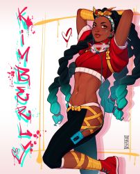 Rule 34 | 1girl, abs, absurdres, against wall, aqua hair, arm wrap, arms behind head, arms up, black pants, bow hairband, breasts, brown eyes, brown lips, cable, capcom, capri pants, character name, colored tips, commentary, dark-skinned female, dark skin, earbuds, earphones, english commentary, facial mark, forehead, graffiti, groin, hairband, highres, hip vent, kimberly jackson, leg up, leg wrap, linea alba, listening to music, long hair, lowleg, lowleg pants, midriff, multicolored hair, navel, nose, pants, quad braids, red footwear, scarf, shoes, small breasts, sneakers, solo, street fighter, street fighter 6, toned, two-tone hair, valentina tavolilla, very dark skin, very long hair, walkman