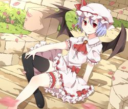 Rule 34 | 1girl, ascot, asymmetrical clothes, bad id, bad pixiv id, barefoot, bat wings, blouse, brick wall, brooch, dutch angle, female focus, flower, garter straps, grass, hand on own knee, hat, hat ribbon, hyouka (rat hut), jewelry, koori hana, bridal garter, light purple hair, light smile, looking at viewer, path, petals, red eyes, red flower, red rose, remilia scarlet, ribbon, road, rose, rose petals, shadow, shirt, shoes, short hair, short sleeves, single thighhigh, sitting, skirt, solo, stairs, thighhighs, touhou, wings