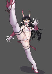 Rule 34 | 1girl, bikini, black hair, breasts, cameltoe, commentary request, elbow gloves, fangs, gloves, high heels, highres, horns, kicking, long hair, mersoleil03, navel, open mouth, original, pointy ears, skin-covered horns, skindentation, small breasts, solo, swimsuit, thigh strap, thighs, thong bikini, white bikini, yellow eyes