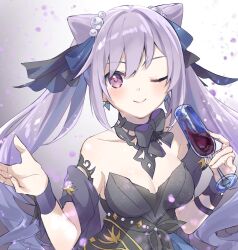 Rule 34 | 1girl, ;), black bow, bow, bowtie, breasts, champagne flute, cleavage, collarbone, commentary request, cone hair bun, cup, drinking glass, earrings, genshin impact, hair bow, hair bun, holding, holding cup, jewelry, keqing (genshin impact), long hair, mayu-mayu1026, medium breasts, one eye closed, pearl hair ornament, purple bow, purple eyes, purple hair, smile, solo