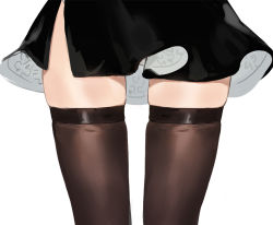 Rule 34 | 1girl, black dress, brown thighhighs, close-up, dress, head out of frame, kishiyo, legs apart, nier (series), nier:automata, out of frame, panties, panty peek, simple background, sketch, skindentation, solo, thighhighs, thighs, two-sided fabric, two-sided skirt, underwear, white background, white panties, 2b (nier:automata)