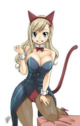 Rule 34 | 1girl, animal ears, bare shoulders, blonde hair, blue eyes, bow, breasts, cat ears, cat tail, cleavage, detached collar, eden&#039;s zero, fake animal ears, fake tail, hair ornament, hairband, hairclip, high heels, large breasts, long hair, looking at viewer, mashima hiro, official art, pantyhose, rebecca bluegarden, red bow, red footwear, simple background, smile, solo, standing, tail, wrist cuffs