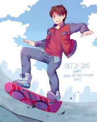 Rule 34 | 1boy, 2015, artist name, back to the future, blue eyes, brown hair, building, cloud, dated, day, full body, hoverboard, jacket, male focus, marty mcfly, open mouth, round teeth, shoes, signature, skyscraper, smile, sneakers, solo, suikka, teeth
