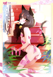 Rule 34 | 1girl, absurdres, animal ears, barefoot, bell, black hair, breasts, cameltoe, cat ears, cat tail, from side, highres, indoors, kneeling, long hair, looking at viewer, mamita, naked ribbon, original, panties, paw pose, pink panties, red eyes, ribbon, sideboob, small breasts, solo, stairs, tail, tail ornament, tail ribbon, underwear