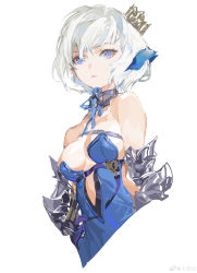 Rule 34 | 1girl, absurdres, bare shoulders, blue dress, blue eyes, breasts, closed mouth, copyright request, cropped torso, detached collar, dress, highres, medium breasts, messikid, short hair, simple background, solo, strapless, strapless dress, white background, white hair