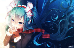 Rule 34 | 1girl, ahoge, aqua hair, black coat, blue eyes, blush, brown gloves, coat, cup, drinking, fingerless gloves, floating hair, gloves, hair between eyes, hatsune miku, headphones, heart, heart print, holding, holding cup, latte art, long hair, long sleeves, plaid, plaid scarf, qys3, red scarf, revision, scarf, snowflakes, solo, steam, teacup, twintails, upper body, very long hair, vocaloid