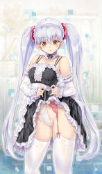 Rule 34 | 1girl, bare shoulders, blush, breasts, brown eyes, clothes lift, detached sleeves, garter belt, garter straps, highres, hoshino ruri, kidou senkan nadesico, kiyama satoshi, lifting own clothes, long hair, looking at viewer, maid headdress, panties, parted lips, see-through silhouette, silver hair, skirt, skirt lift, solo, thighhighs, twintails, underwear, very long hair, wet, wet clothes, wet panties, white panties, white thighhighs