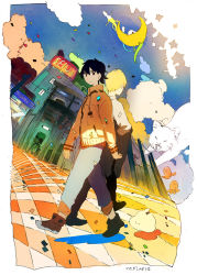 Rule 34 | 2boys, abstract, bad id, bad pixiv id, black hair, blonde hair, blue sky, boots, brown eyes, building, cat, cloud, colorful, confetti, crescent moon, facing away, jacket, lights, lizard, looking at viewer, male focus, moon, multiple boys, octopus, original, outdoors, pants, pants rolled up, power lines, sky, standing, star (symbol), tassel, uichi, walking
