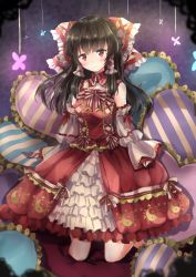 Rule 34 | 1girl, adapted costume, black hair, bow, dress, embellished costume, frilled dress, frills, full body, hair bow, hair tubes, hakurei reimu, heart, heart-shaped pillow, highres, kneehighs, kneeling, looking at viewer, pillow, red bow, red dress, red eyes, shironeko yuuki, sleeves past wrists, socks, solo, striped pillow, touhou, yin yang