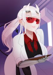 Rule 34 | clipboard, cowboy shot, cyannarra, demon girl, goggles, helltaker, highres, horns, lab coat, leaning forward, looking at viewer, loremaster (helltaker), necktie, parted lips, prosthesis, prosthetic arm, red-tinted eyewear, red-tinted glasses, red goggles, solo, sunglasses, tail, tinted eyewear, visor, white hair