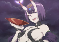 Rule 34 | 1girl, anime coloring, bob cut, breasts, cloud, cup, eyeshadow, fate/grand order, fate (series), headpiece, highres, horns, japanese clothes, kimono, kizuki rei, looking at viewer, makeup, medium breasts, night, oni, open clothes, open kimono, open mouth, purple eyes, purple hair, purple kimono, revealing clothes, sakazuki, short eyebrows, short hair, shuten douji (fate), skin-covered horns, sky, solo, star (sky), tongue, tongue out