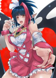 Rule 34 | 1girl, absurdres, bandaged arm, bandages, bandaid, bandaid on face, bare shoulders, bat wings, black hair, blood, blood splatter, blush, bow, breasts, claw pose, commentary, dress, fang, fingernails, hair between eyes, hair bow, highres, long fingernails, looking at viewer, medium breasts, millaarc, multicolored hair, nail polish, open mouth, orange eyes, pink dress, pointy ears, red hair, red nails, senki zesshou symphogear, shishin (shishintei), short hair, sleeveless, sleeveless dress, solo, two-tone hair, vampire, white background, wings, wrist cuffs