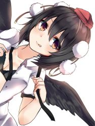 Rule 34 | 1girl, :q, bad id, bad twitter id, black bow, black bra, black hair, black wings, blush, bow, bow bra, bra, breasts, brown eyes, buttons, cleavage, collared shirt, dutch angle, hair between eyes, hat, highres, karasusou nano, looking at viewer, medium breasts, mob cap, open clothes, open shirt, shameimaru aya, shirt, short hair, short sleeves, simple background, solo, tokin hat, tongue, tongue out, touhou, underwear, upper body, white background, white shirt, wings