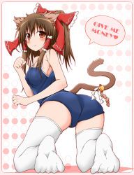 Rule 34 | 1girl, alternate costume, animal ears, ass, bad feet, bad id, bad pixiv id, bell, blush, bow, brown eyes, brown hair, cat ears, cat girl, cat tail, english text, female focus, framed, hair bow, hair tubes, hakurei reimu, highres, karamoneeze, kemonomimi mode, kneeling, looking at viewer, looking back, one-piece swimsuit, ponytail, ribbon, school swimsuit, short hair, smile, solo, swimsuit, tail, tail ornament, tail ribbon, thighhighs, touhou, white thighhighs