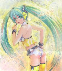 Rule 34 | 1girl, alternate costume, aqua eyes, aqua hair, ass, back, bracelet, hatsune miku, headphones, headset, jewelry, long hair, looking back, mayo riyo, midriff, project diva (series), project diva 2nd, sample watermark, smile, solo, thighhighs, traditional media, twintails, very long hair, vocaloid, watermark, yellow (vocaloid)