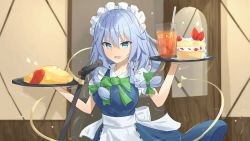 Rule 34 | 1girl, absurdres, apron, bad id, bad pixiv id, blue dress, blue eyes, bow, bowtie, braid, breasts, cake, commentary request, cowboy shot, cup, daysoon1124, dress, drinking glass, drinking straw, food, fruit, green bow, green bowtie, hair between eyes, hair bow, hands up, highres, holding, holding tray, ice, ice cube, indoors, izayoi sakuya, ketchup, maid, maid apron, maid headdress, medium breasts, omelet, omurice, open mouth, puffy short sleeves, puffy sleeves, shirt, short hair, short sleeves, silver hair, smile, solo, sparkle, standing, strawberry, strawberry shortcake, touhou, tray, twin braids, waist apron, white apron, white shirt