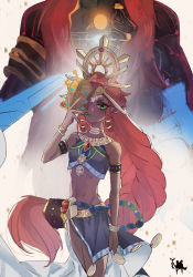 Rule 34 | 1girl, armlet, bracelet, braid, circlet, commentary, crop top, english commentary, eyelashes, flat chest, ganondorf, gerudo, green eyes, green lips, hair tubes, head out of frame, headdress, highres, holding, holding mask, jewelry, long braid, long hair, mask, navel, neck ring, nintendo, one eye covered, pointy ears, red hair, riju, rizuka, side slit, signature, single braid, skirt, solo focus, the legend of zelda, the legend of zelda: breath of the wild, thick eyebrows, very long hair, watermark