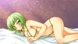 Rule 34 | 1girl, blush, borrowed character, breasts, green hair, highres, large breasts, looking at viewer, lying, minaha (playjoe2005), original, smile, solo, swimsuit, yellow eyes